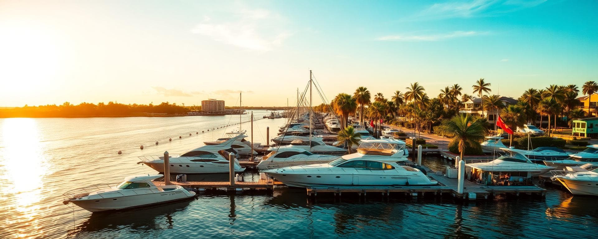 Marco Island marina at golden hour with yachts and palm trees