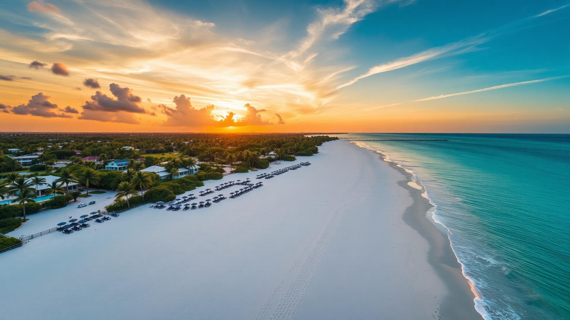 Aerial sunset view of Marco Island white sand beach with turquoise Gulf water